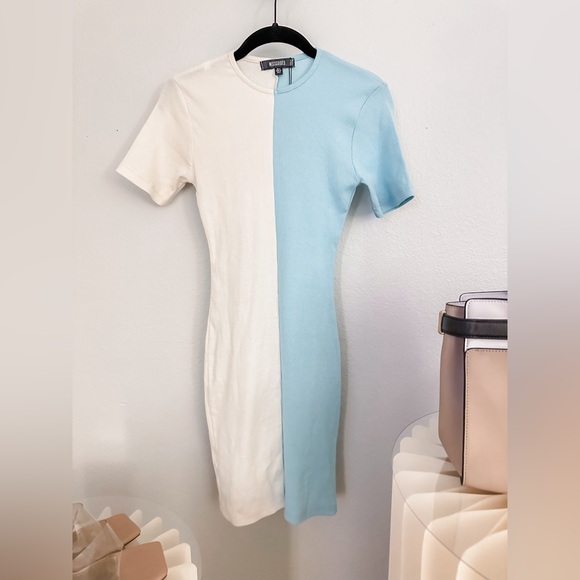 NWT Missguided Ribbed Blue and White Mini Dress - SIZE 0 - Picture 2 of 5